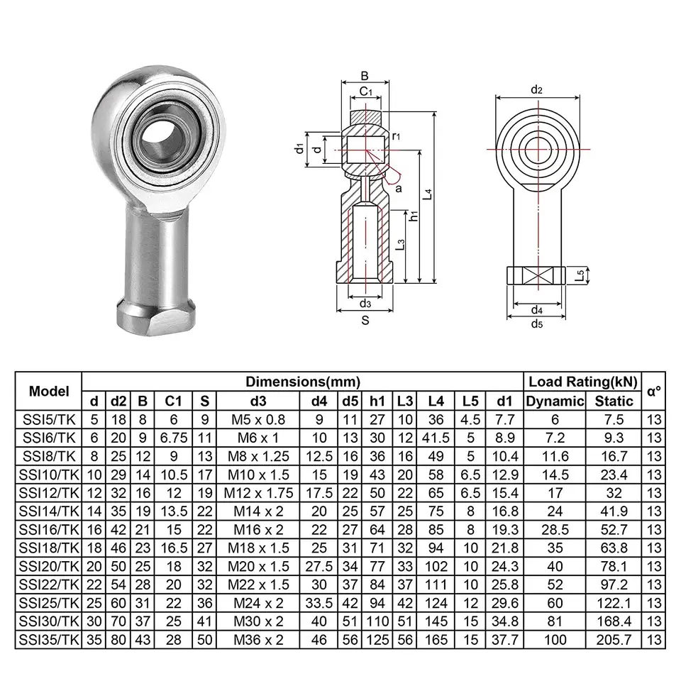 6mm Bore Bar End Bearings M6x1 Female Thread Right Hand SSI6T/K Stainless Steel Rod End Bearing